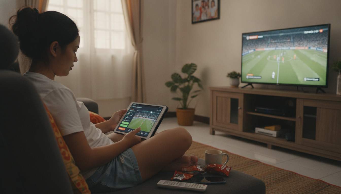 Exciting Sports Betting Experience A woman enjoying sports betting at home